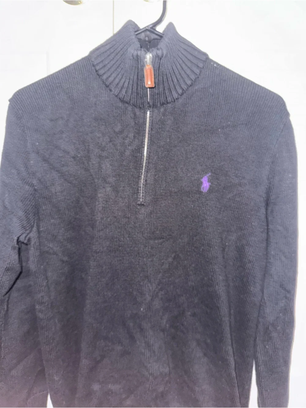 Polo by Ralph Lauren Men's Black Half-Zip Knit Sweater with Purple Pony